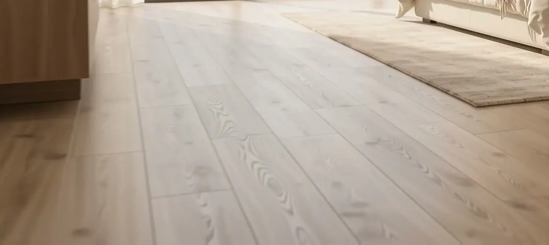 Detalhe de piso amadeirado com veios naturais junto a um tapete claro